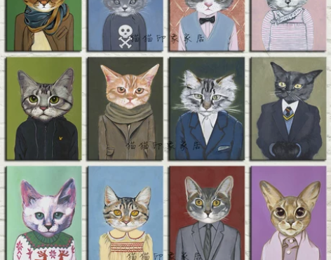 欧美创意猫咪卡通装饰画个性客厅无框画餐厅酒...