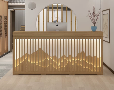 原木色中式吧台收银台养生馆接待台民宿前台美...