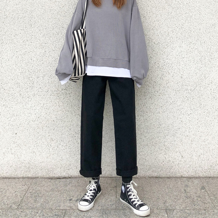 黑色牛仔裤女直筒宽松春装2021新款高腰显...