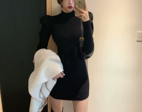 半高领长袖针织连衣裙女秋冬季新款内搭修身显...