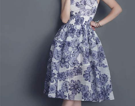 印花背心修身收腰a字中长款春夏蓬蓬连衣裙 ...
