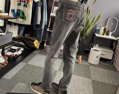 欧货高端美人头刺绣牛仔裤男秋冬新款潮牌修身...