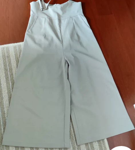 复古风米色八分阔腿裤 背带吊带裤 高腰裤子...