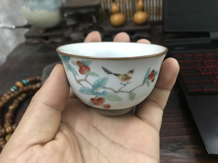 月白汝窑彩绘主人杯 反口杯