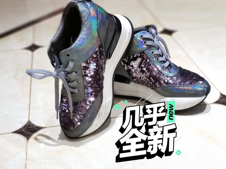 36号亮片松糕鞋，淡粉色亮片+灰色边，可爱...