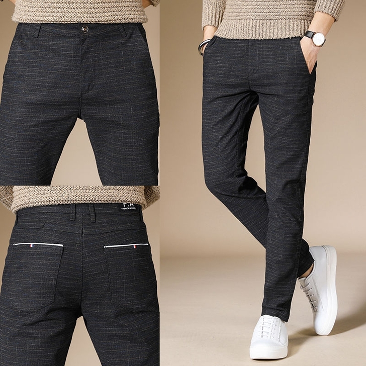 男士休闲裤潮流韩版商务休闲格子西裤直筒修身...