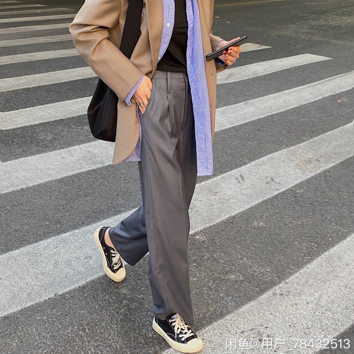 春季高腰工装休闲拖地裤垂坠感宽松直筒长裤学...