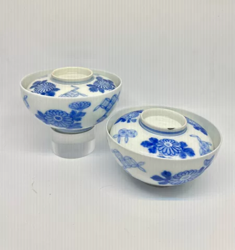 一对日本平户烧老青花菊七宝纹盖碗 高6.8...