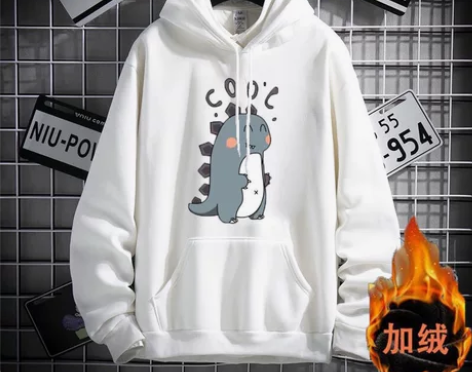 卫衣男连帽秋冬小恐龙印花加绒情侣潮牌外套潮...