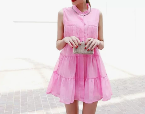 甜美连衣裙水钻小立领清新坎袖短款娃娃裙宽松...