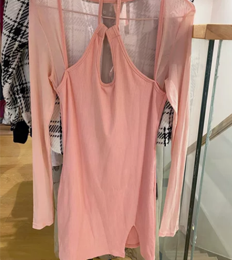 纯欲风挂脖性感开衩短裙，M码，粉色#性感连...