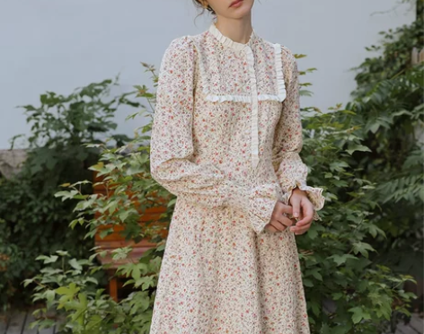 【55盛典价】法式温柔风立领长袖碎花裙甜美...