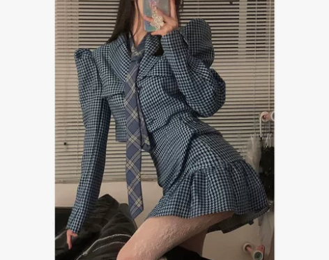 千鸟格西装套装裙两件套女秋季可盐可甜港风复...