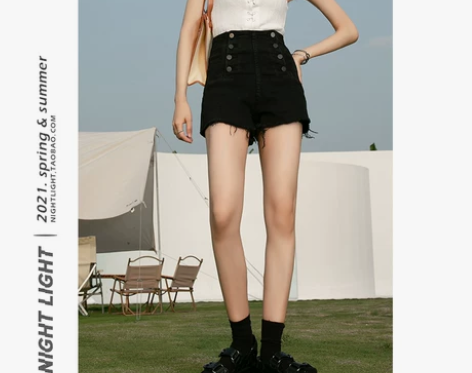 黑色高腰牛仔短裤女夏季薄双排扣内隐形拉链毛...