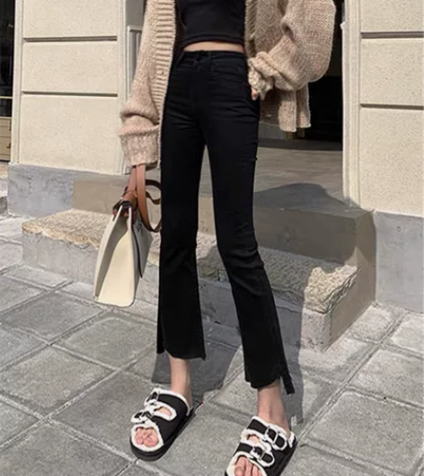 微喇牛仔裤女秋冬2022年新款高腰显瘦九分...