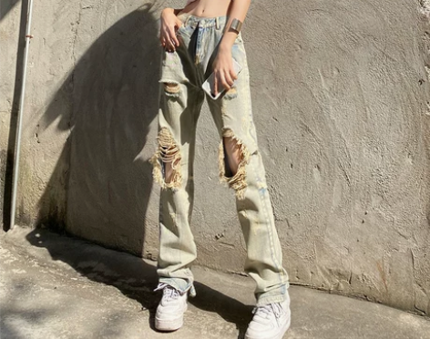 LGKG黄泥色破洞直筒牛仔裤美式高街女春夏...
