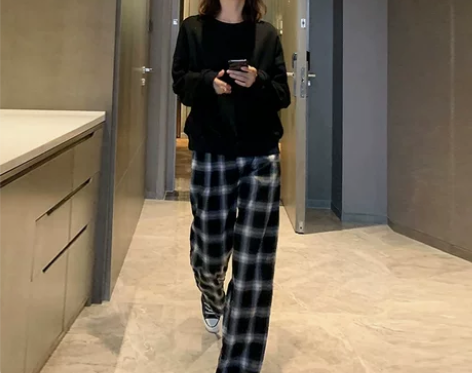 格子阔腿裤女高腰垂感2022年夏季新款宽松...