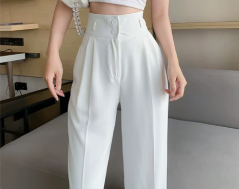 白色冰丝西装阔腿裤女夏高腰显瘦垂感小个子长...
