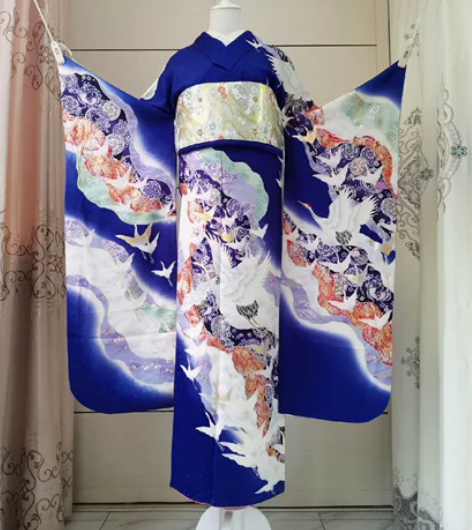 振袖和服蓝色飞鹤日本制正统旗袍汉服布料 身...