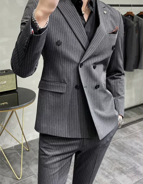 西装套装西服男潮韩版修身英伦帅气双排扣条纹...