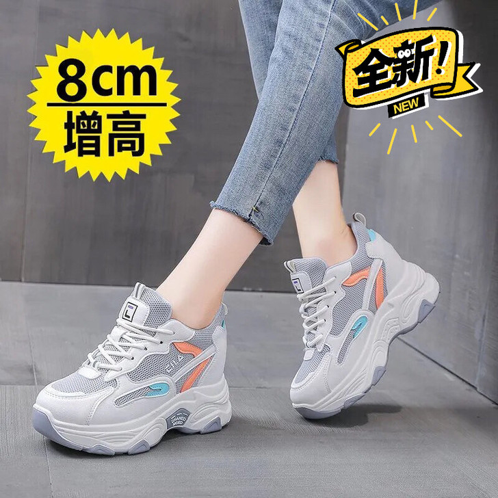 内增高新款老爹鞋女夏季透气网面休闲鞋百搭时...