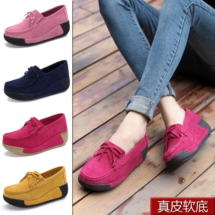 流苏豆豆鞋女真皮时尚厚底单鞋妈妈坡跟女鞋摇...