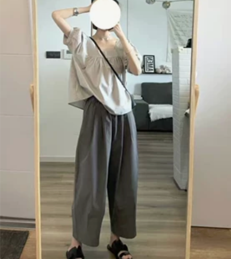 灰色薄款休闲阔腿裤女夏季小个子高腰萝卜九分...