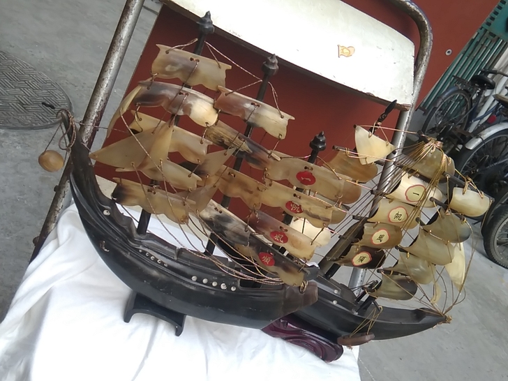 70年代牛角三杆帆船，手工制作，100元，...