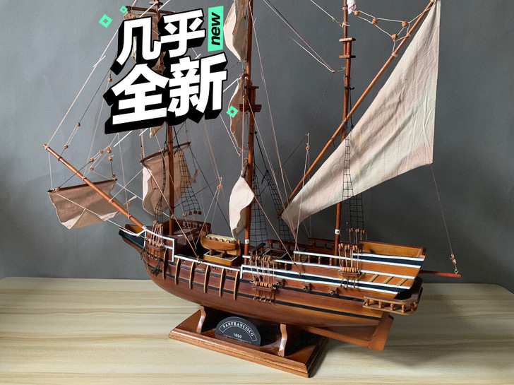 实木质95cm长复古帆船模型摆件