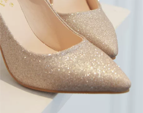 春秋闪粉金色高跟鞋尖头OL中跟女鞋银色细跟...