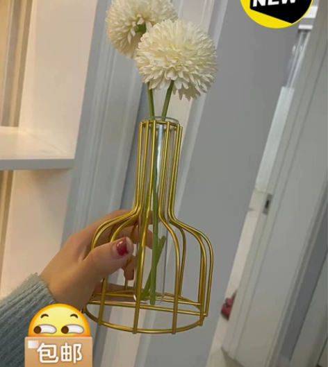 北欧ins玻璃小花瓶铁艺创意简约花艺摆件餐...