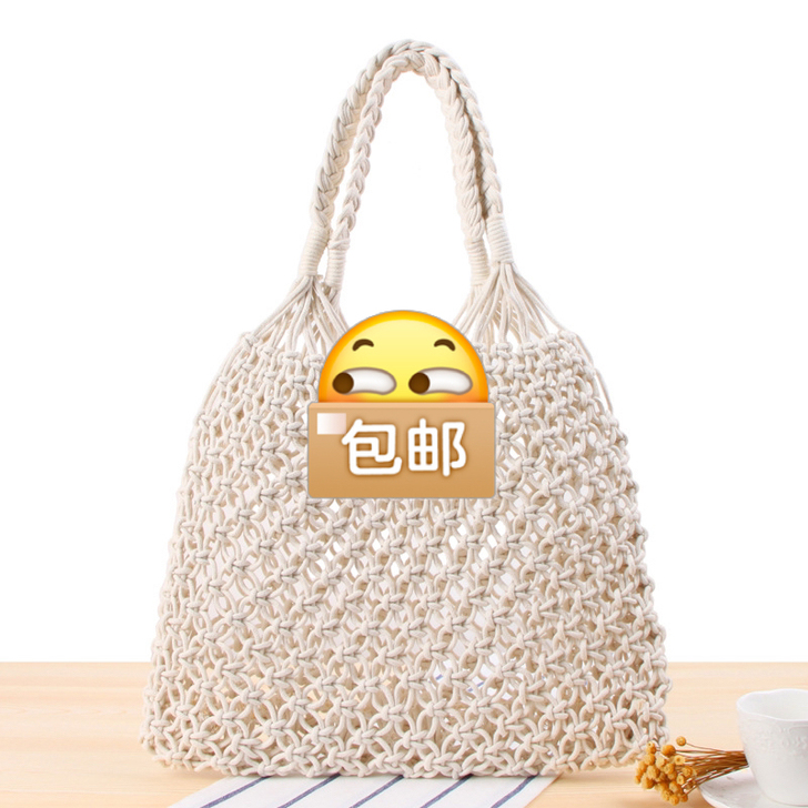 新款纯色单肩编织包潮女森系草编包度手工棉绳...