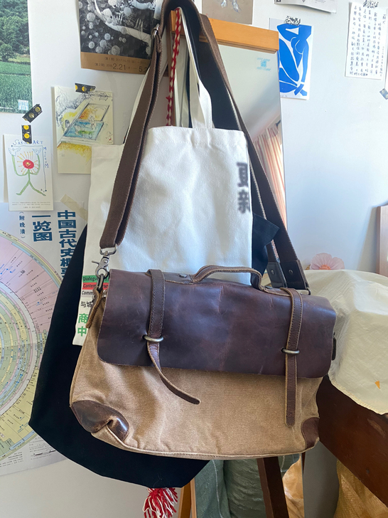 vintage牛皮帆布书包