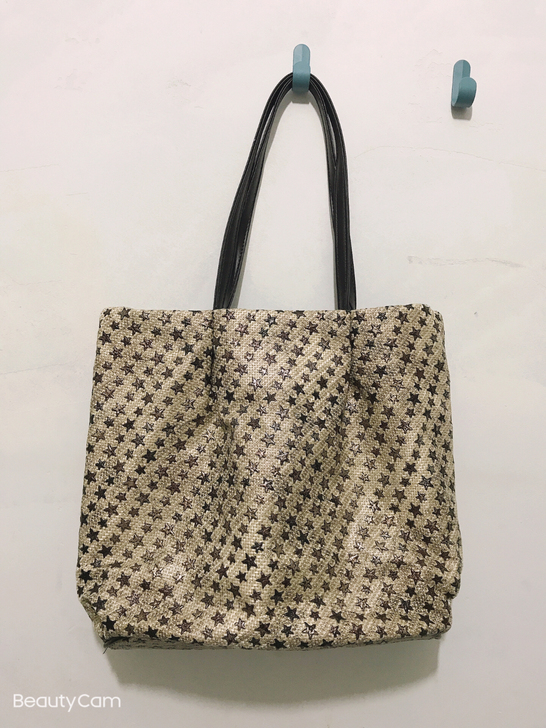 日单 星星图案装饰 麻料编织 手提包 单肩包