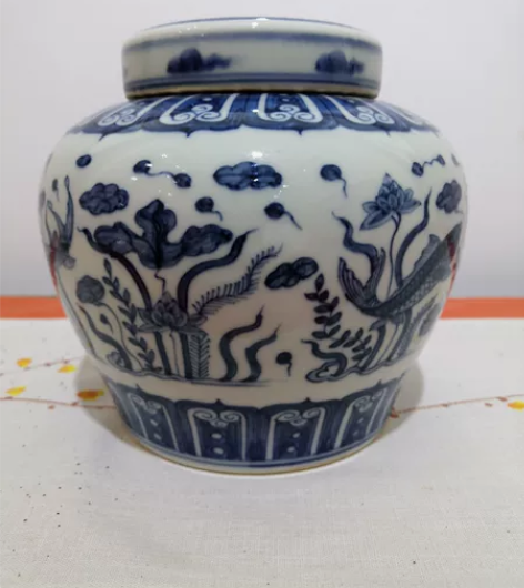 柴窑精品茶叶罐 仿明成化青花鱼藻纹天字罐，...