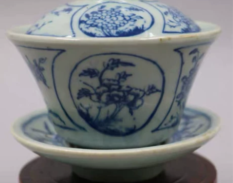 明青花手绘三才杯盖碗功夫茶杯仿古瓷器古玩古...