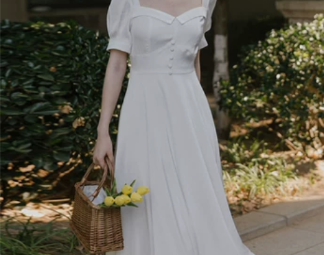 夏法式小众设计感复古方领温柔风白色赫本风连...