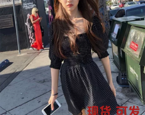 法式复古方领收腰波点雪纺连衣裙女夏ins超...