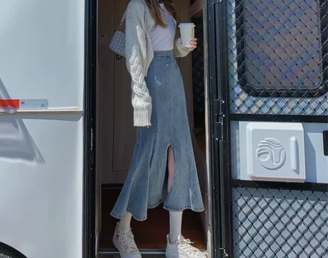 牛仔鱼尾裙半身裙开叉2021年春秋季新款高...