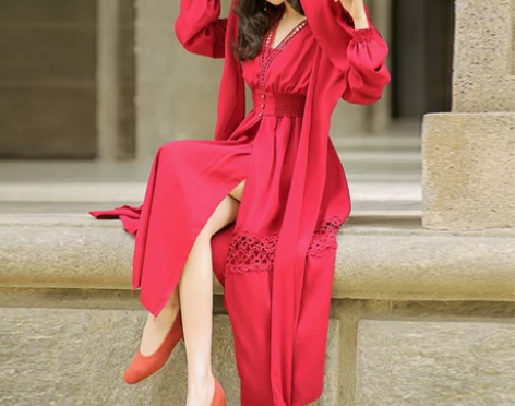 红色拍照连衣裙复古民族风女装云南丽江旅游必...