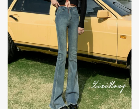 复古高腰毛边喇叭牛仔裤女2022春夏新修身...