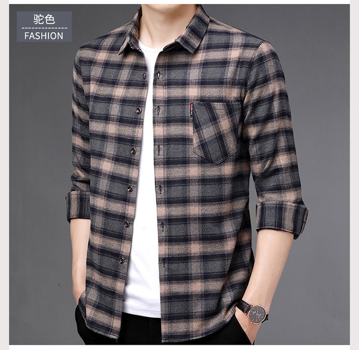 【高品质】长袖衬衫男春秋季纯棉中青年男士格...