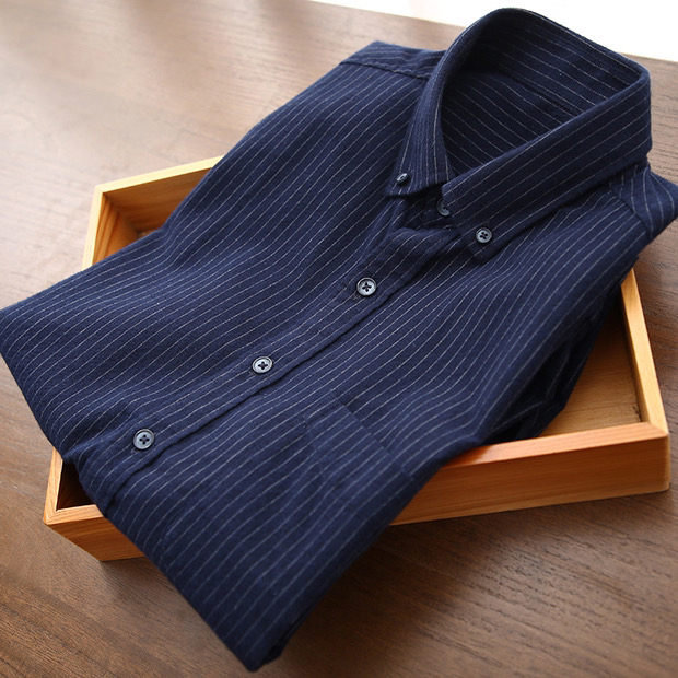 纯棉磨毛料！男士秋季新款商务休闲条纹长袖衬...