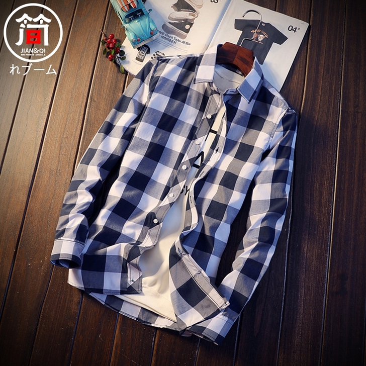 秋季ins格子衬衫男韩版潮流学生宽松百搭青...