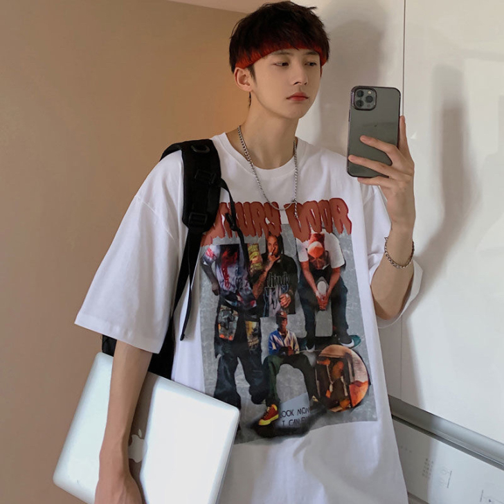 纯棉短袖t恤男宽松百搭夏装半袖上衣ins港...