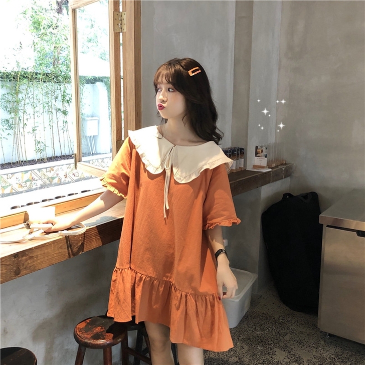 (可交换)全新均码宽松亚麻娃娃领短袖连衣裙