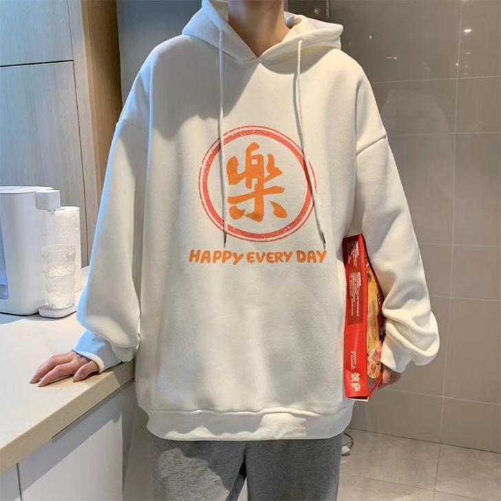 乐字印花连帽卫衣男春秋季潮ins国潮ove...