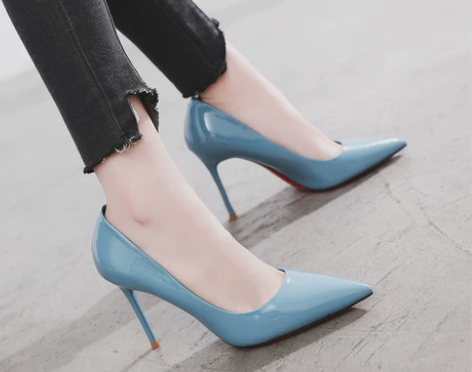 【全新】蓝色百搭性感漆皮红底高跟鞋女细跟尖...