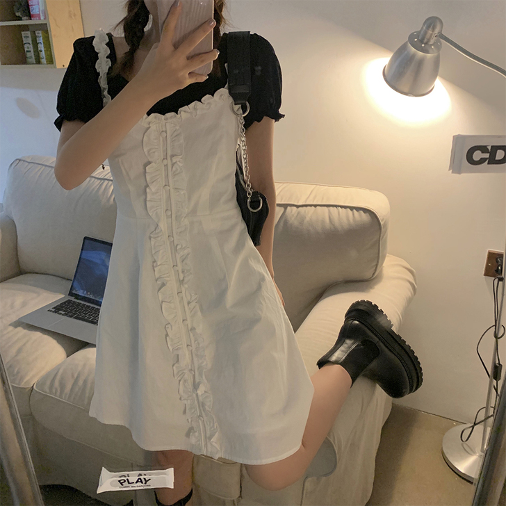 可盐可甜连衣裙夏季修身显瘦木耳边吊带裙百搭...