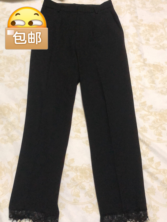 Sundaymerry黑色烟管裤，裤边有蕾...